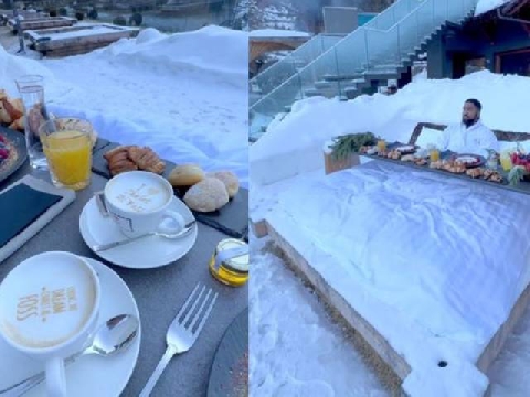Tận hưởng bữa sáng xa hoa trên giường ngay giữa màn trời phủ tuyết